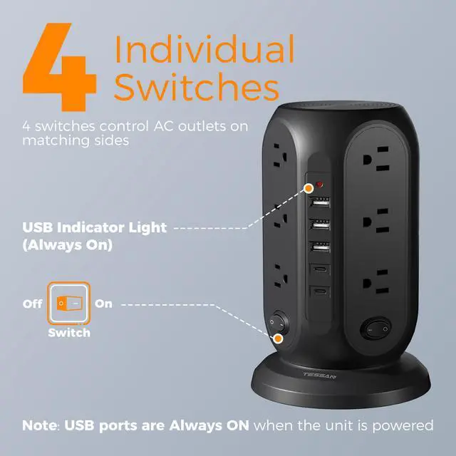 Alt view image 2 of 7 - Tower Power Strip with Individual Switches, Surge Protector with 12 Outlets, 5 USB Ports(2 USB C), Flat Extension Cord 10 Ft, 1250W, Charging Station for Multiple Devices, Office, Dorm, Black