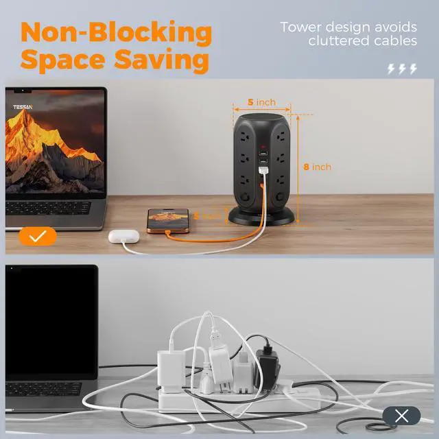 Alt view image 3 of 7 - Tower Power Strip with Individual Switches, Surge Protector with 12 Outlets, 5 USB Ports(2 USB C), Flat Extension Cord 10 Ft, 1250W, Charging Station for Multiple Devices, Office, Dorm, Black