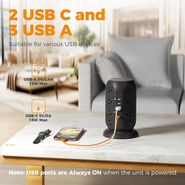 Alt view image 7 of 7 - Tower Power Strip with Individual Switches, Surge Protector with 12 Outlets, 5 USB Ports(2 USB C), Flat Extension Cord 10 Ft, 1250W, Charging Station for Multiple Devices, Office, Dorm, Black