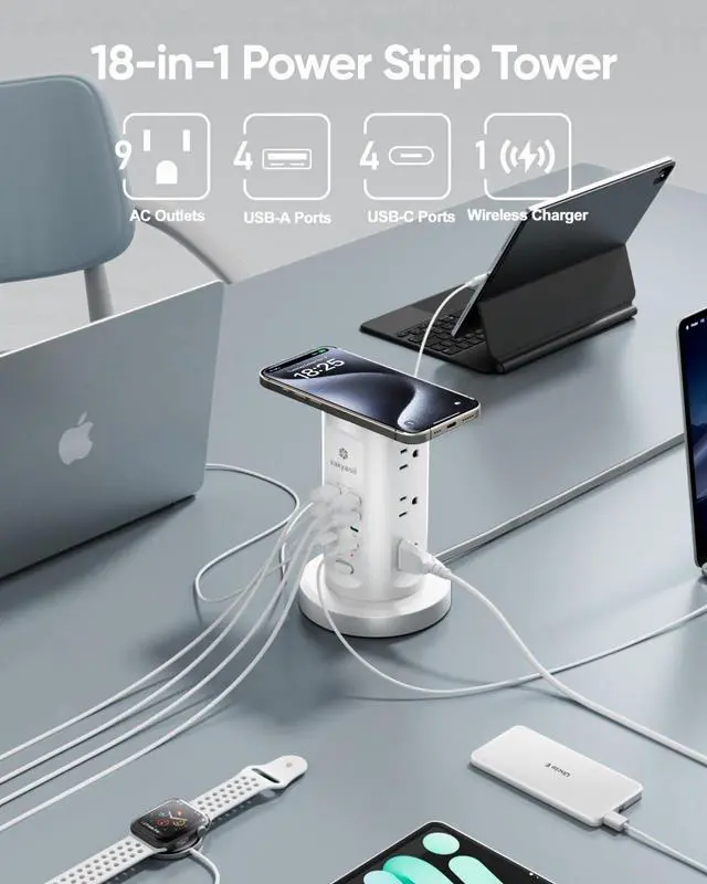 Alt view image 2 of 7 - 115W USB Charging Station, Surge Protector Power Strip Tower, 9 AC Outlets with 8 USB Ports(4 USB-C), 6Ft Flat Plug Retractable Extension Cord, for Home Office Dorm, White