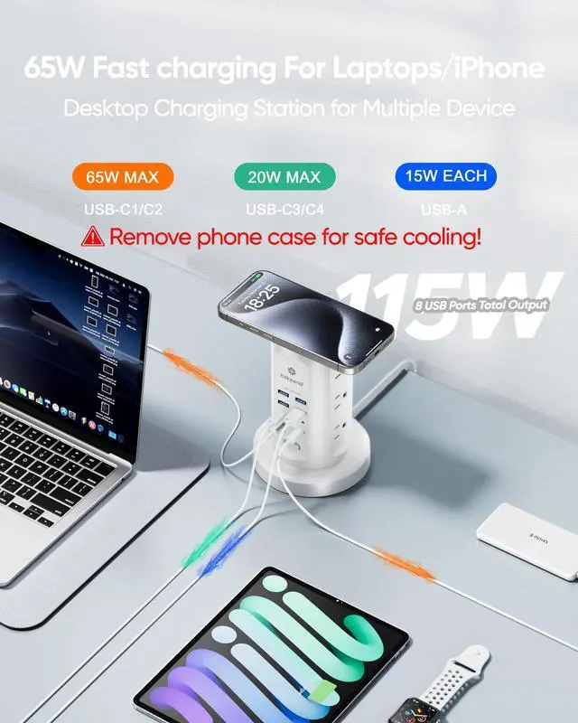 Alt view image 3 of 7 - 115W USB Charging Station, Surge Protector Power Strip Tower, 9 AC Outlets with 8 USB Ports(4 USB-C), 6Ft Flat Plug Retractable Extension Cord, for Home Office Dorm, White