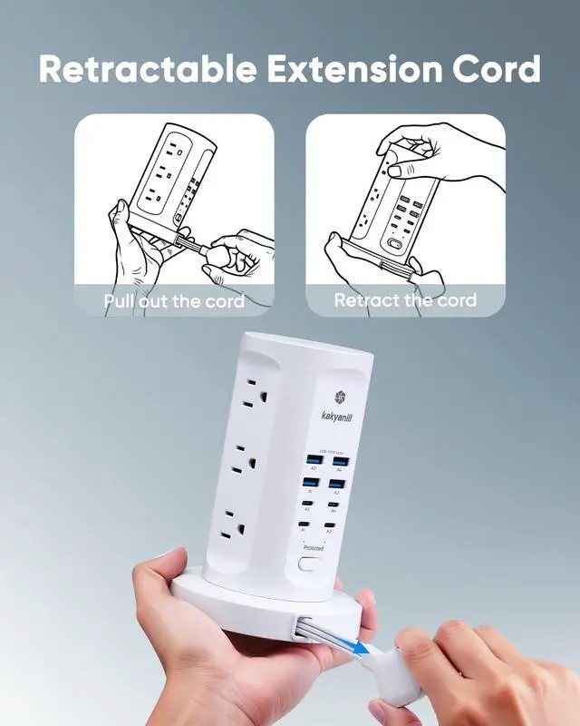 Alt view image 4 of 7 - 115W USB Charging Station, Surge Protector Power Strip Tower, 9 AC Outlets with 8 USB Ports(4 USB-C), 6Ft Flat Plug Retractable Extension Cord, for Home Office Dorm, White