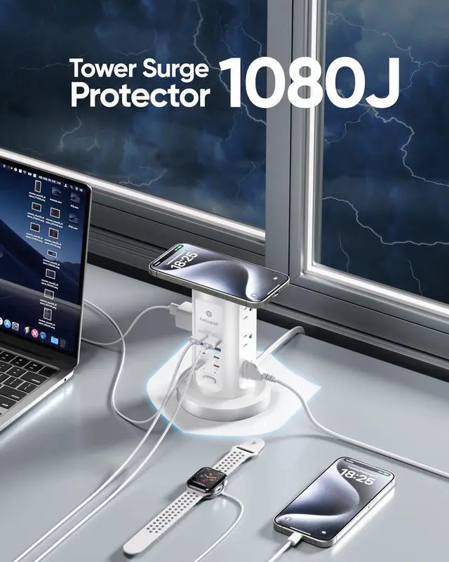 Alt view image 5 of 7 - 115W USB Charging Station, Surge Protector Power Strip Tower, 9 AC Outlets with 8 USB Ports(4 USB-C), 6Ft Flat Plug Retractable Extension Cord, for Home Office Dorm, White