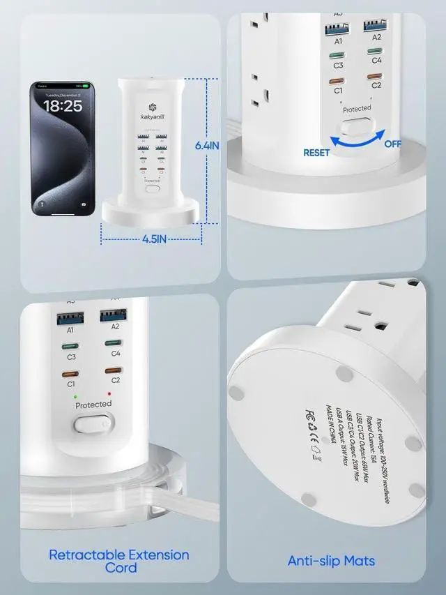 Alt view image 7 of 7 - 115W USB Charging Station, Surge Protector Power Strip Tower, 9 AC Outlets with 8 USB Ports(4 USB-C), 6Ft Flat Plug Retractable Extension Cord, for Home Office Dorm, White