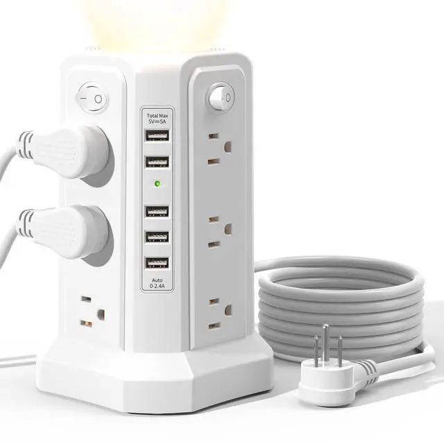 Main image of Surge Protector Power Strip Tower with 5 USB Ports and Night Light, 10FT Extension Cord with 12 AC Multiple Outlets, PASSUS Power Tower, Overload Protection for Home Office Dorm Room (White)