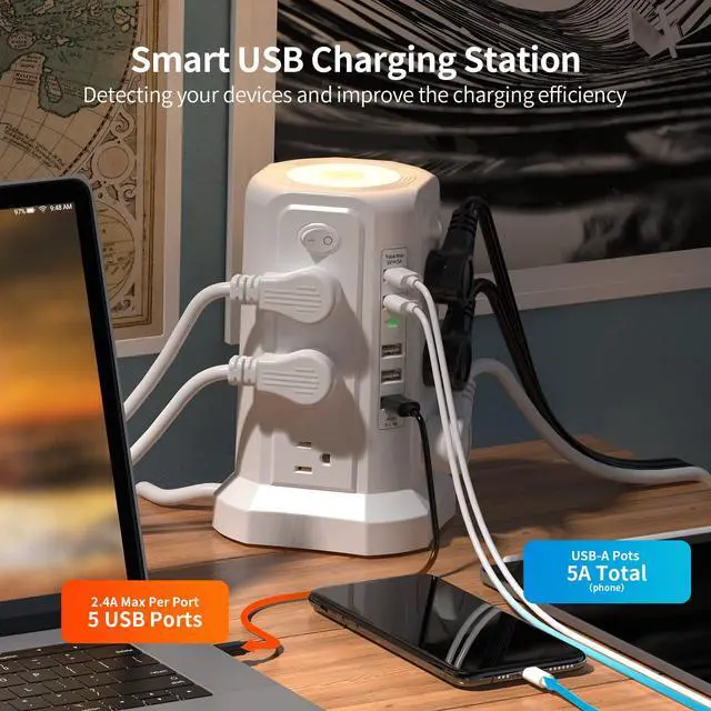 Alt view image 4 of 7 - Surge Protector Power Strip Tower with 5 USB Ports and Night Light, 10FT Extension Cord with 12 AC Multiple Outlets, PASSUS Power Tower, Overload Protection for Home Office Dorm Room (White)