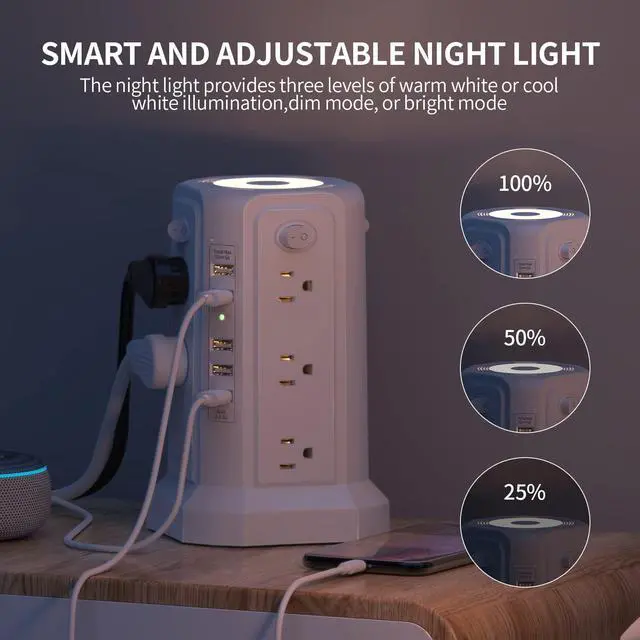 Alt view image 2 of 7 - Surge Protector Power Strip Tower with 5 USB Ports and Night Light, 10FT Extension Cord with 12 AC Multiple Outlets, PASSUS Power Tower, Overload Protection for Home Office Dorm Room (White)