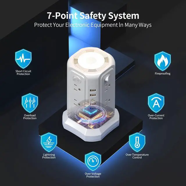 Alt view image 7 of 7 - Surge Protector Power Strip Tower with 5 USB Ports and Night Light, 10FT Extension Cord with 12 AC Multiple Outlets, PASSUS Power Tower, Overload Protection for Home Office Dorm Room (White)