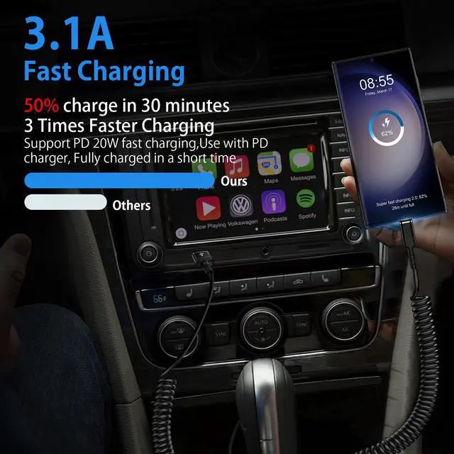 Alt view image 2 of 7 - USB to USB C Coiled Cable Fast Charging for iPhone 17/Air/17 Pro/17 Pro Max/16e/16/16 Pro/16 Pro Max/16 Plus/15,3FT Retractable Car Charger Cord Android Auto for Samsung Galaxy A17 S25,Pixel 10 Pro XL