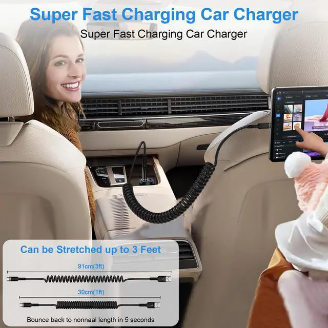 Alt view image 3 of 7 - USB to USB C Coiled Cable Fast Charging for iPhone 17/Air/17 Pro/17 Pro Max/16e/16/16 Pro/16 Pro Max/16 Plus/15,3FT Retractable Car Charger Cord Android Auto for Samsung Galaxy A17 S25,Pixel 10 Pro XL