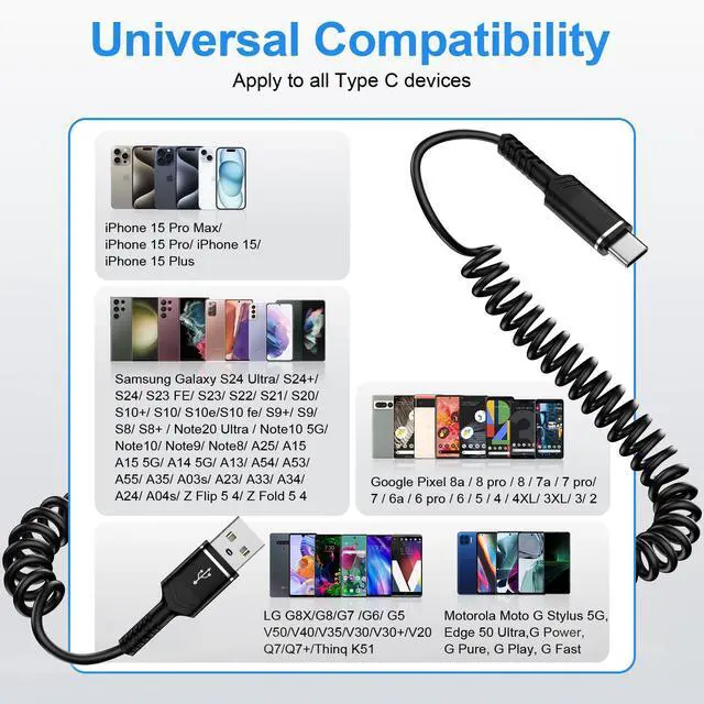 Alt view image 7 of 7 - USB to USB C Coiled Cable Fast Charging for iPhone 17/Air/17 Pro/17 Pro Max/16e/16/16 Pro/16 Pro Max/16 Plus/15,3FT Retractable Car Charger Cord Android Auto for Samsung Galaxy A17 S25,Pixel 10 Pro XL