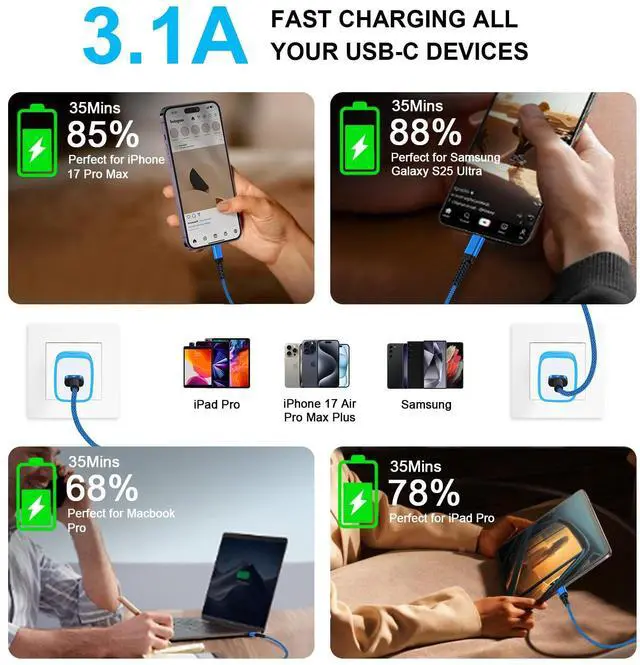 Alt view image 3 of 7 - Car Carplay Cable Fast for iPhone 17e/17/Air/17 Pro/17 Pro Max/16e/16 Pro/16 Pro Max/16 Plus/16/15 Pro Max,3FT/2Pack 3.1A USB A to USB C Charger Cord iPhone 17 Pro Car Fast Charging Cable USB Type C