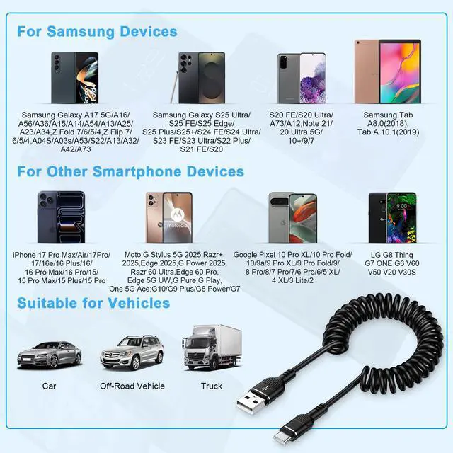 Alt view image 6 of 7 - USB C Coiled iPhone 17 Charger Cord Retractable Car Charger Cable for iPhone 17 Pro Max Air 17 Pro 16e 16 Plus 16 Pro Max 15,4FT Android Auto Fast Charging Coiled Cord for Samsung Galaxy A17 A16 S25FE