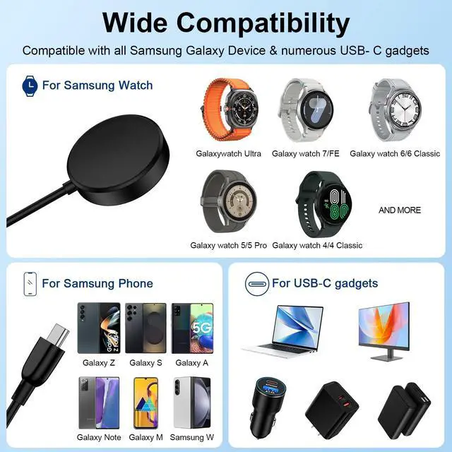 Alt view image 6 of 7 - Galaxy Watch Charger for Samsung Galaxy Watch 8/8 Classic/7/6/Ultra/FE/5 Pro/4/3/Active 2 Magnetic 3.5W Smart Samsung USB C Charger Fast Charging Wireless Charging Station Built-in USB C Cable 3FT