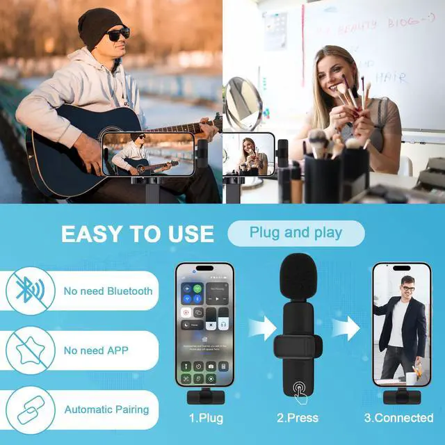Alt view image 2 of 7 - Wireless Microphone for iPhone 17 Pro Max/16/16e/16 Plus, Mini Lavalier Microphone USB C Wireless Lav Mic for Android Samsung S25FE S25 Ultra A17 A16, iPhone Video Recording,Interview,TikTok,YouTube