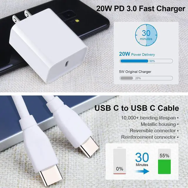 Alt view image 2 of 7 - USB C Fast Charger for Google Pixel 10a 10 Pro XL 9a 9 Pro XL Fold 9 8a 8 Pro 7a 7 7Pro 6 6Pro 6a 5 4 4a 4XL 3a 3XL 2XL, Samsung Galaxy A16 A15 S26, 20W 3A PD Power Adapter with 6FT Type C to C Cable