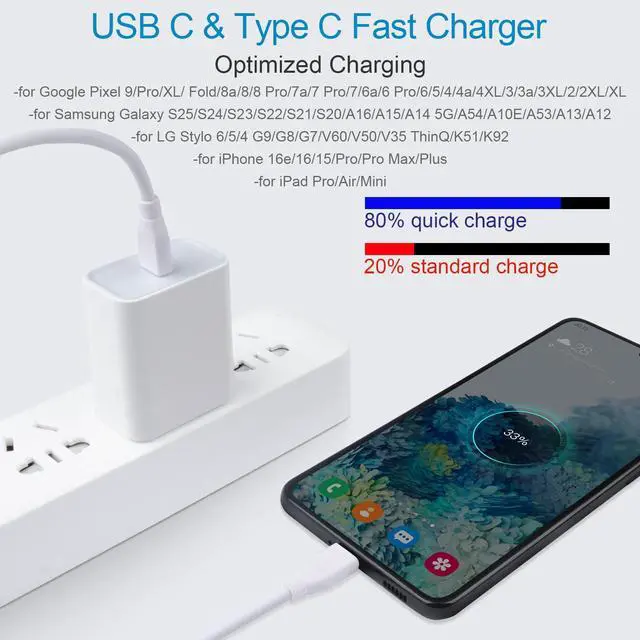 Alt view image 3 of 7 - USB C Fast Charger for Google Pixel 10a 10 Pro XL 9a 9 Pro XL Fold 9 8a 8 Pro 7a 7 7Pro 6 6Pro 6a 5 4 4a 4XL 3a 3XL 2XL, Samsung Galaxy A16 A15 S26, 20W 3A PD Power Adapter with 6FT Type C to C Cable