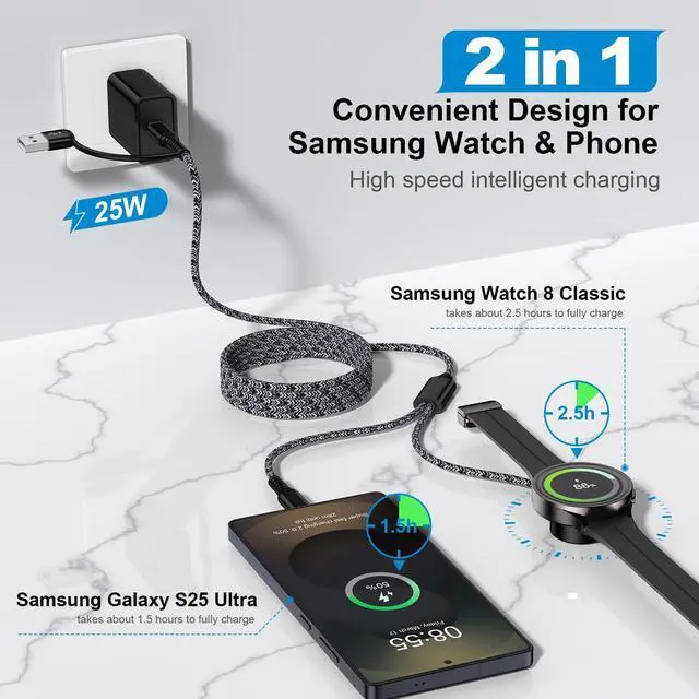 Alt view image 2 of 7 - Galaxy Watch Fast Charger for Samsung Galaxy Watch 8/8 Classic/Ultra/7/FE/6/6 Classic/5 Pro/5/4/4 Classic/3/Active2/1 Charger Cable Dock, 2 in 1 25W USB C Fast Charger for Samsung S26/S25/S24/S23/A16