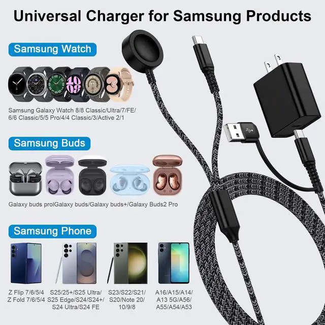 Alt view image 3 of 7 - Galaxy Watch Fast Charger for Samsung Galaxy Watch 8/8 Classic/Ultra/7/FE/6/6 Classic/5 Pro/5/4/4 Classic/3/Active2/1 Charger Cable Dock, 2 in 1 25W USB C Fast Charger for Samsung S26/S25/S24/S23/A16