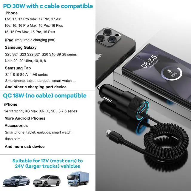 Alt view image 5 of 7 - for iPhone 16e 17e 17 Pro Max Air, Fast Car Charger Adapter for iPhone 16e, 16, 16 Pro Max, 16 Plus, 15 Series, USB C Vehicle Phone Auto Automobile Plug with 2.8FT Coiled Cable Cord Fast Charging