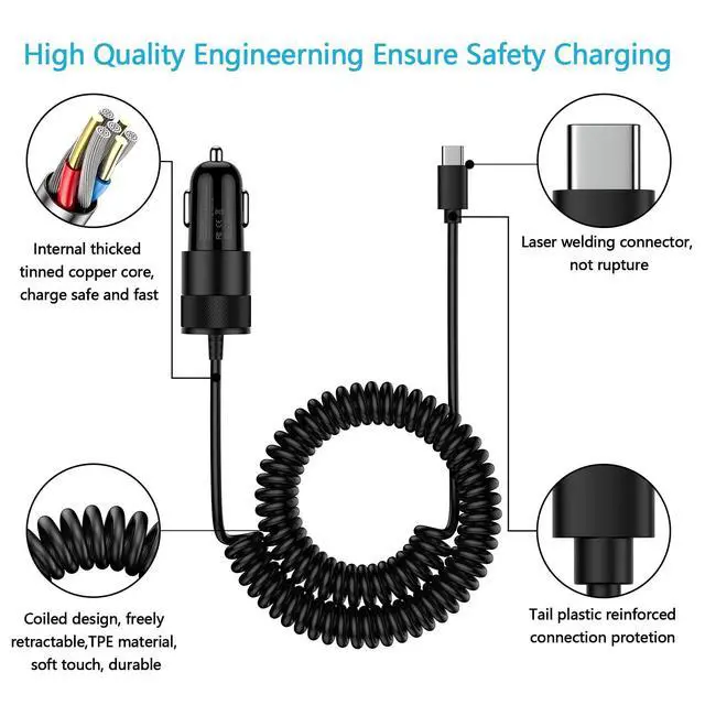 Alt view image 7 of 7 - for iPhone 16e 17e 17 Pro Max Air, Fast Car Charger Adapter for iPhone 16e, 16, 16 Pro Max, 16 Plus, 15 Series, USB C Vehicle Phone Auto Automobile Plug with 2.8FT Coiled Cable Cord Fast Charging