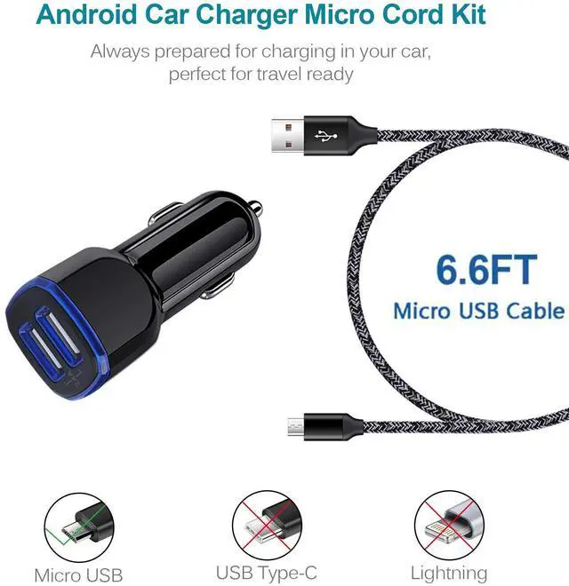 Alt view image 2 of 6 - Car Charger Android for Samsung Galaxy J7 Crown/Prime/Pro/Sky Pro/Refine/Neo/Luna/Eclipse,J7 V 2nd/Perx/Star,J6 Plus J5 J4 J3 S7 Edge S6 S5 S4 S3 Note 4/5,6ft Phone Cord Fast Charging Micro USB Cable