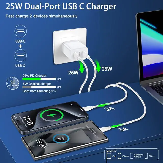 Alt view image 2 of 7 - 25W USB C Fast Charger for Samsung Galaxy S26 Ultra S26+ S26 A17 S25, 2-Port Phone Charger Block Type C Fast Charging Block with 6ft USB C Charger Cable for Samsung Galaxy A36 A16 5G A26 A56 S24 A35