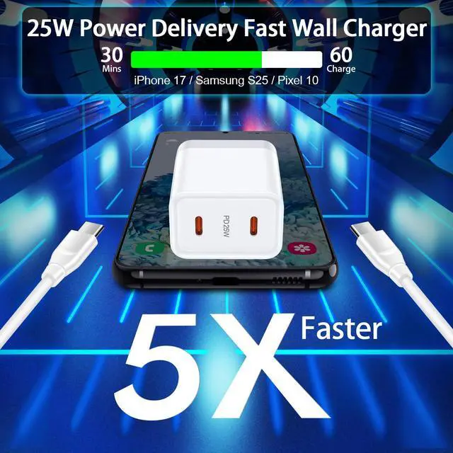 Alt view image 4 of 7 - 25W USB C Fast Charger for Samsung Galaxy S26 Ultra S26+ S26 A17 S25, 2-Port Phone Charger Block Type C Fast Charging Block with 6ft USB C Charger Cable for Samsung Galaxy A36 A16 5G A26 A56 S24 A35