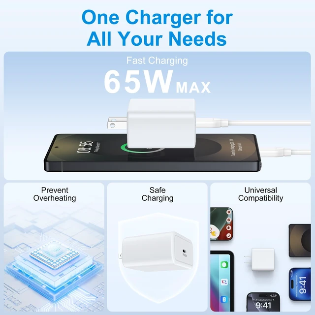 Alt view image 6 of 7 - for iPhone 17 16 15 Charger Fast Charging 65W USB C Block with 10FT Cord | USB C Fast Charging Block for iPhone 17 17E 16 16E 15 Pro Max Plus,iPad Pro 13/11/12.9 inch, iPad A16/10th, iPad Air 13