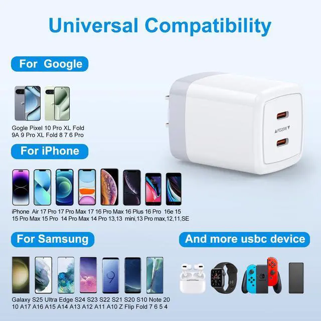 Alt view image 7 of 7 - 40W Super Fast Charger USB C for Samsung Galaxy S26 S25 Ultra S24 S23 S22 S21 S20 S10 A17 A16 A15 A14 A13 A55 A54 Z Flip Fold 7 6 5 4,Dual Port USB C PD Charging Block for iPhone,Google Pixel