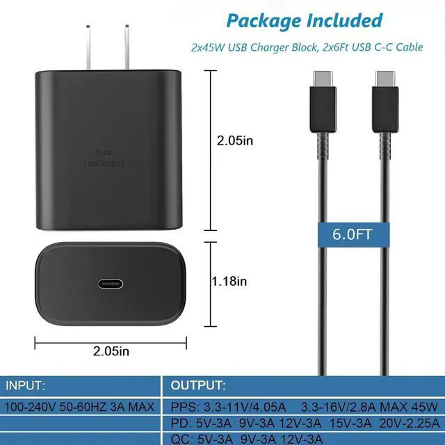 Alt view image 2 of 7 - Fast Samsung Type C Charger Samsung Charger Fast Charging Type C 45W Block & 6FT USB C Cable 2Pack for Galaxy S25 Ultra/S25 S24 S23 S22 S21 S20 Ultra/Plus/iPad Pro/Air/Mini/Android Phone Cord