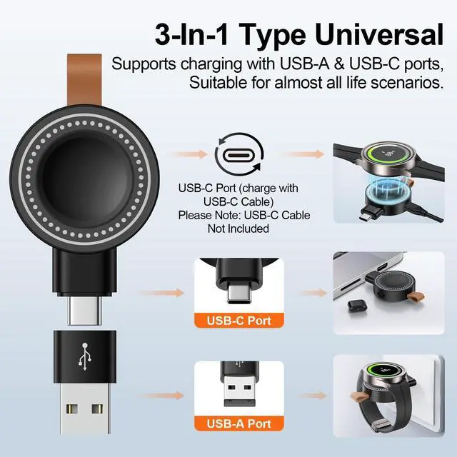Alt view image 4 of 7 - for Samsung Watch Charger for Samsung Galaxy Watch 8 7 Ultra 6 5 4 Watch8 Classic 3.5W Magnetic Portable Galaxy Smartwatch Charger USB C Smartwatch Fast Wireless Charging Travel with USB A Adapter