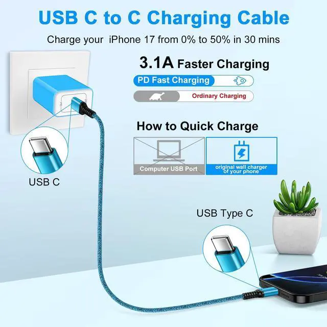 Alt view image 2 of 7 - Car Charger for iPhone 17 Pro Max Charger Cord, 3/6/10FT USB C to USB C Cable 3.1A Fast Charging Cable for iPhone 17e 17 17Pro Air 16 15Pro Max 16/15 Plus 15 Pro Max 16e Samsung S26 S25 Android Phone