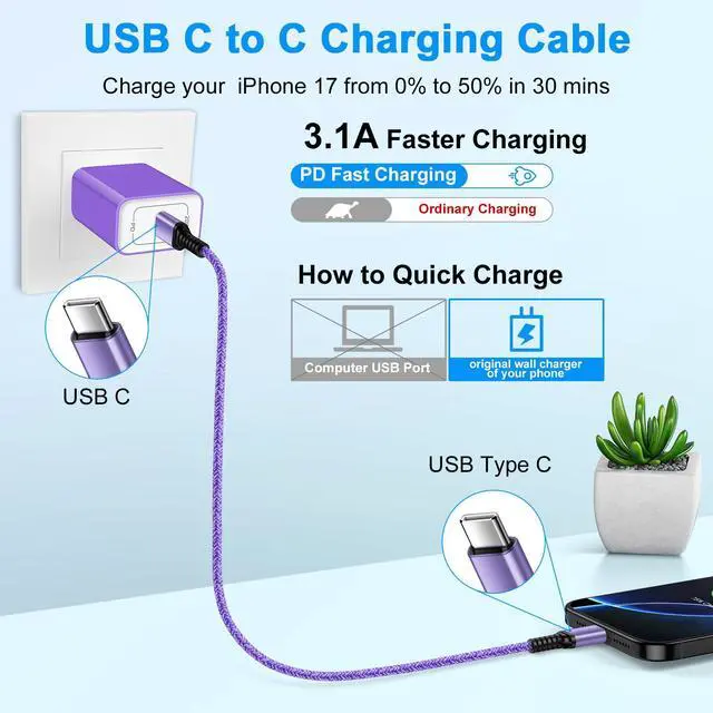 Alt view image 2 of 7 - USB C to USB C Cable for iPhone 17e Charger Cord, 3.1A iPhone 16 Charger Fast Charging 3Pack 6FT for iPhone 17 Pro Max 17Pro 17 Air 16e 16 Pro Max 16 15Plus 15, Android Charger Cord Phone Power Cable