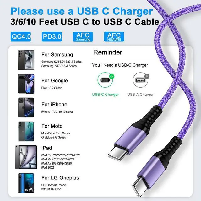 Alt view image 5 of 7 - USB C to USB C Cable for iPhone 17e Charger Cord, 3.1A iPhone 16 Charger Fast Charging 3Pack 6FT for iPhone 17 Pro Max 17Pro 17 Air 16e 16 Pro Max 16 15Plus 15, Android Charger Cord Phone Power Cable