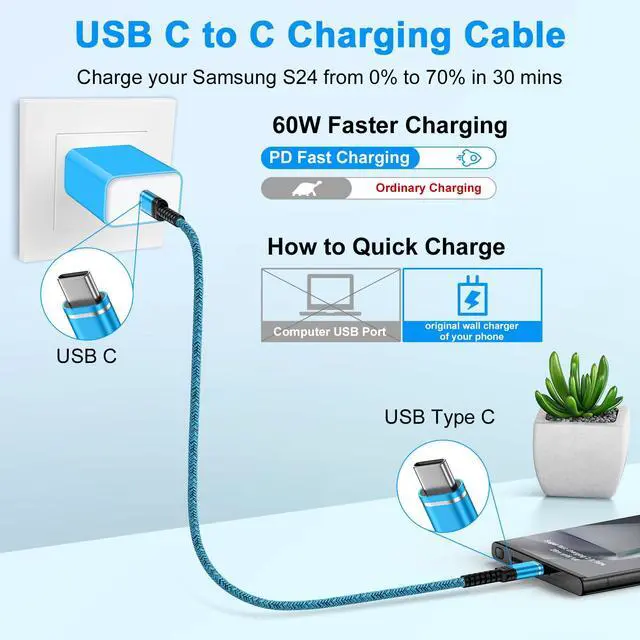Alt view image 3 of 7 - USB C to USB C Cable 60W Fast Charging for iPhone 17e 17 Pro Max Air 17,iPhone 16e 16 Pro Max/16 Plus/16 Pro/16,15 Pro Max, 2 Pack 6ft Braided Type C Car Charger Cord Android Phone Power Cord
