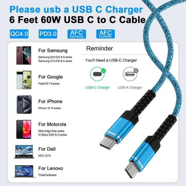 Alt view image 6 of 7 - USB C to USB C Cable 60W Fast Charging for iPhone 17e 17 Pro Max Air 17,iPhone 16e 16 Pro Max/16 Plus/16 Pro/16,15 Pro Max, 2 Pack 6ft Braided Type C Car Charger Cord Android Phone Power Cord