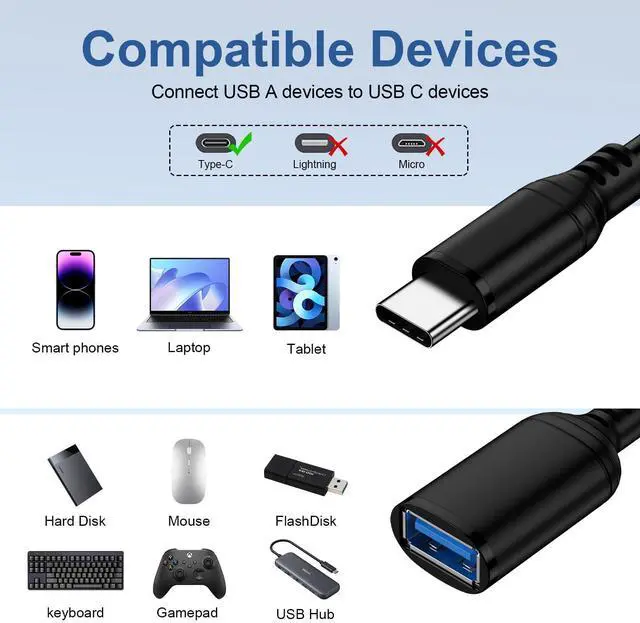 Alt view image 7 of 7 - USB to USB C Adapter Cable Type C OTG Cable for iPhone 17e 17 Pro Max 17Pro 17 Air 16 Plus 15, USB A Female to USB C Male OTG Adapter Cord for Type-C Macbook Pro/Air iPad Samsung Galaxy S26 S25 Camera