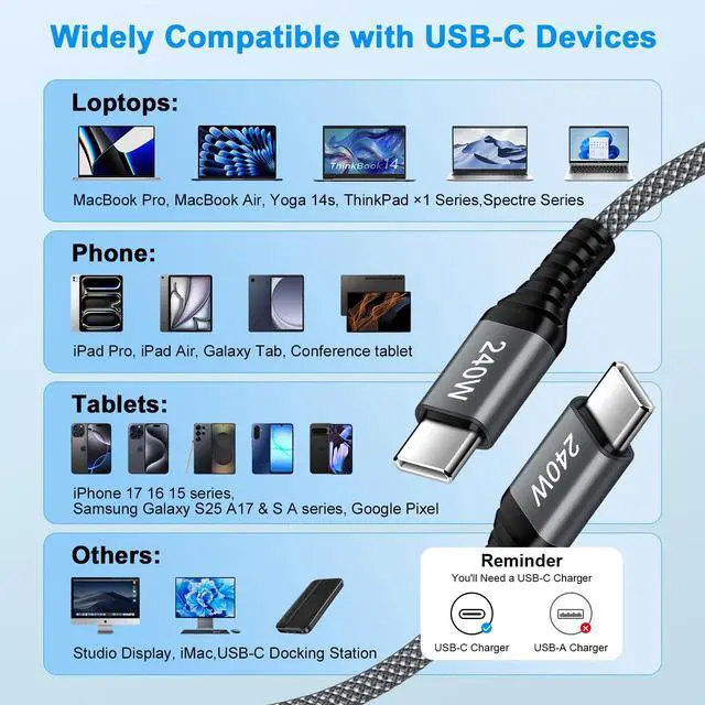 Alt view image 6 of 7 - for iPhone 17 Charger Fast Charging Cord 240W USB C to USB C Cable iPhone 17 Pro Max Car Charger Cord Power Cord 3FT 2 Pack for iPhone 17e 17 Pro Air 16 Pro Max 16Pro 16 Plus 16e 15Pro Max 15 MacBook