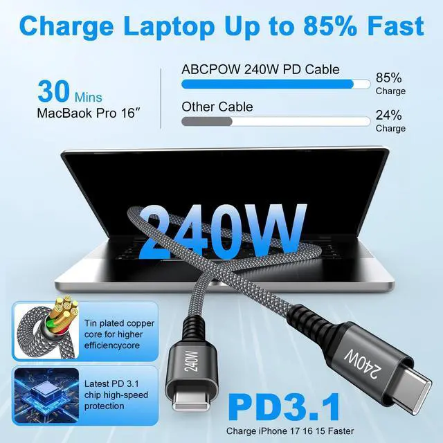 Alt view image 2 of 7 - for iPhone 17 Charger Fast Charging Cord 240W USB C to USB C Cable iPhone 17 Pro Max Car Charger Cord Power Cord 3FT 2 Pack for iPhone 17e 17 Pro Air 16 Pro Max 16Pro 16 Plus 16e 15Pro Max 15 MacBook