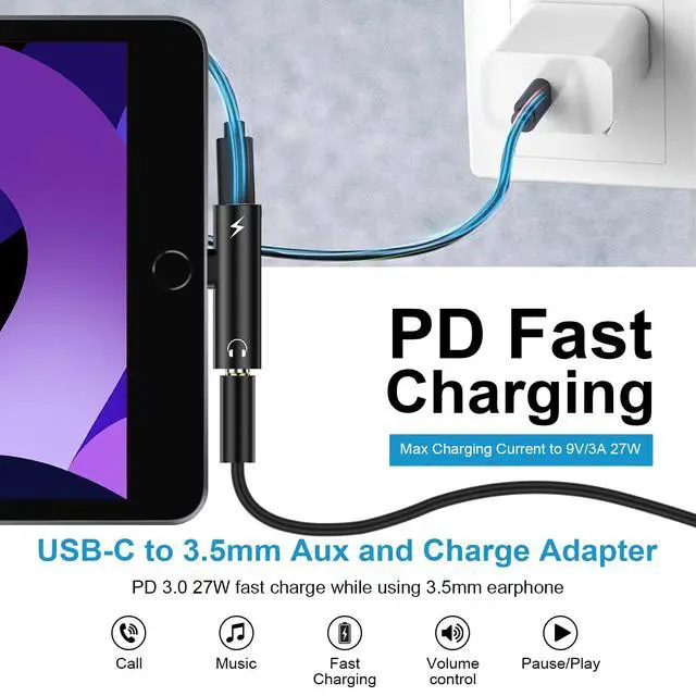 Alt view image 2 of 7 - USB C to 3.5mm Audio Adapter and Fast Charger for Samsung Galaxy A17 A16 5G A36 S26 S25 Ultra A26 A56 S24 FE A35 A55 S23, 2in1 Type C to Headphone Jack Aux Adapter and 27W USB-C Phone Fast Charging