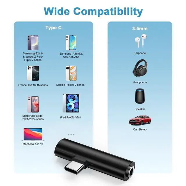 Alt view image 7 of 7 - USB C to 3.5mm Audio Adapter and Fast Charger for Samsung Galaxy A17 A16 5G A36 S26 S25 Ultra A26 A56 S24 FE A35 A55 S23, 2in1 Type C to Headphone Jack Aux Adapter and 27W USB-C Phone Fast Charging