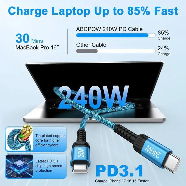 Alt view image 3 of 7 - USB C to USB C Cable for iPhone 17 Charger Cable 10FT 240W Fast iPhone 17e Charging Cord Long USB Type C Charger Cord for iPhone 17 Pro Max 17 Pro Air 16 Pro Max 16e 15 Plus MacBook iPad Samsung S25