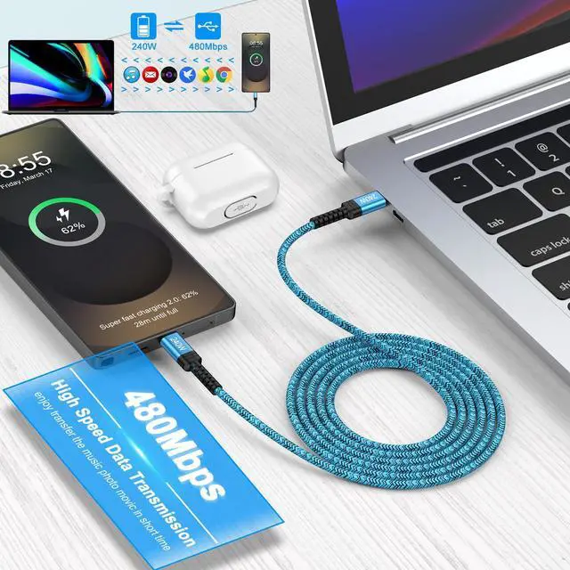 Alt view image 4 of 7 - USB C Fast Charger Cord for iPhone 17 Charger Cable 240W, 6FT 2Pack Type C to C Super Fast Charging Cable Power Cord for iPhone 17e 17 Pro Max 17Pro Air 16 15 Pro Max/Plus 16e Samsung MacBook Laptop