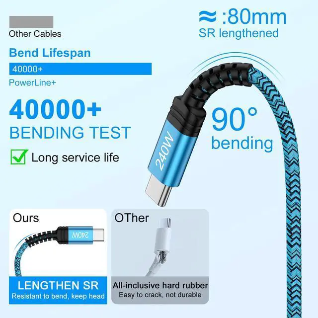 Alt view image 4 of 7 - USB C to USB C Cable for iPhone 17 Charger Cable 10FT 240W Fast iPhone 17e Charging Cord Long USB Type C Charger Cord for iPhone 17 Pro Max 17 Pro Air 16 Pro Max 16e 15 Plus MacBook iPad Samsung S25