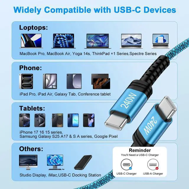 Alt view image 6 of 7 - USB C to USB C Cable for iPhone 17 Charger Cable 10FT 240W Fast iPhone 17e Charging Cord Long USB Type C Charger Cord for iPhone 17 Pro Max 17 Pro Air 16 Pro Max 16e 15 Plus MacBook iPad Samsung S25