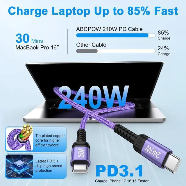 Alt view image 3 of 7 - Type C to C iPhone 17e Charger Cord 240W Fast Charging Cord 10FT Long USB to USB C Cable Android Charger Cable for iPhone 17 Pro Max 17Pro Air 16 Pro Max 15 Plus 15Pro Max 16e Samsung S26 S25 S24