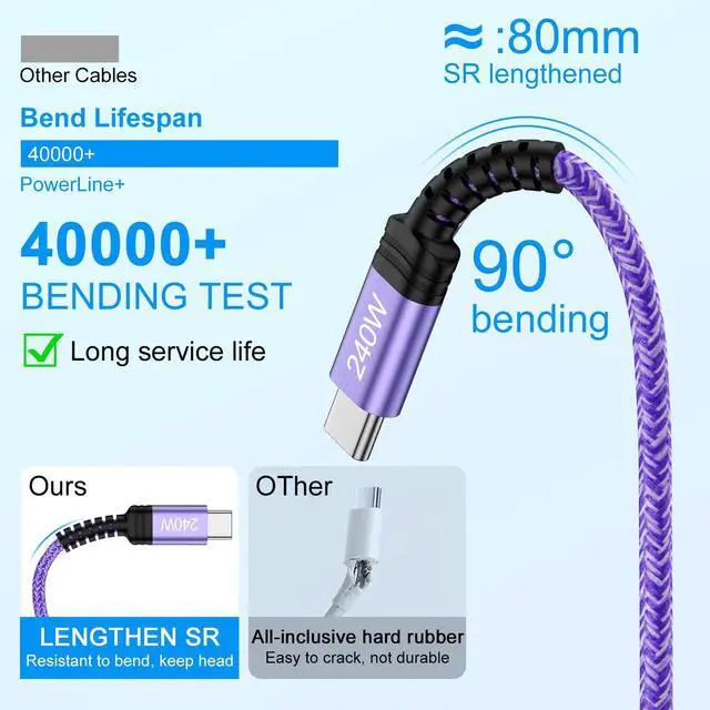Alt view image 4 of 7 - Type C to C iPhone 17e Charger Cord 240W Fast Charging Cord 10FT Long USB to USB C Cable Android Charger Cable for iPhone 17 Pro Max 17Pro Air 16 Pro Max 15 Plus 15Pro Max 16e Samsung S26 S25 S24