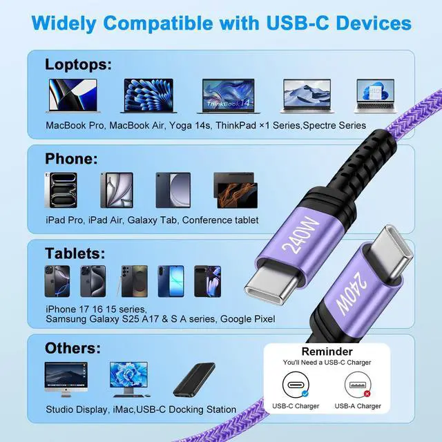 Alt view image 6 of 7 - Type C to C iPhone 17e Charger Cord 240W Fast Charging Cord 10FT Long USB to USB C Cable Android Charger Cable for iPhone 17 Pro Max 17Pro Air 16 Pro Max 15 Plus 15Pro Max 16e Samsung S26 S25 S24
