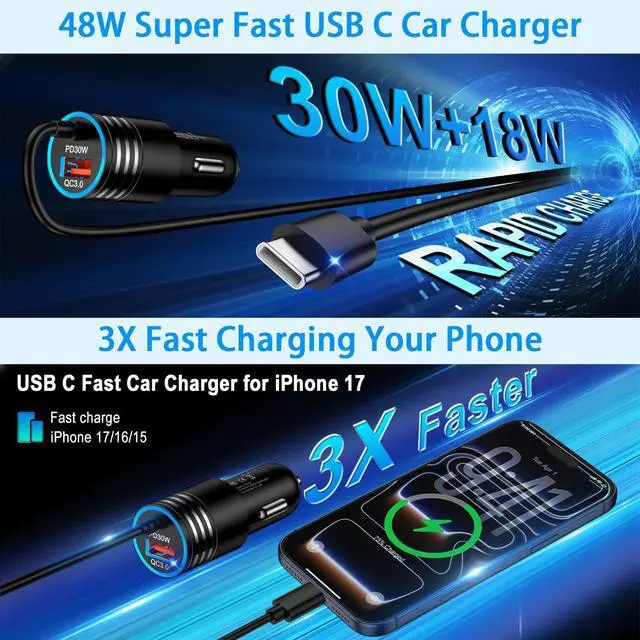 Alt view image 2 of 7 - 48W Car Charger for Samsung S26 Charger USB C Android Charger Fast Charging for Samsung Galaxy S26 Ultra S25 FE Edge S25+ A17 A16 A36 A26 A56 A32, 20W Wall Charging Block with 6FT USB C to USB C Cable